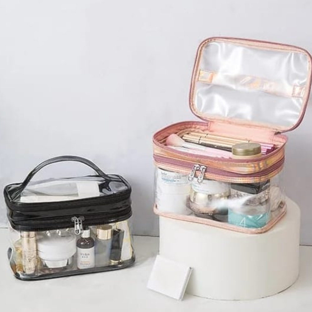 CLEAR MAKEUP BAG WITH ORGANISER STORAGE COMPARTMENT